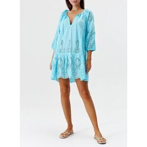 Melissa Odobash Ashley Cotton Swim Cover Up Mini Kaftan Dress Turquoise Medium